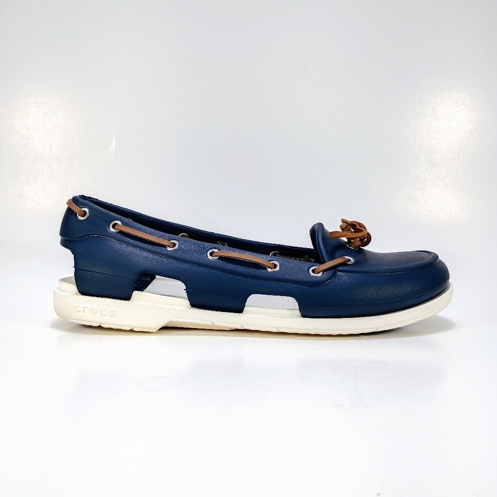 Crocs Beach Line Womens 10 Navy Blue And White Slip On Boat Shoes Loafers